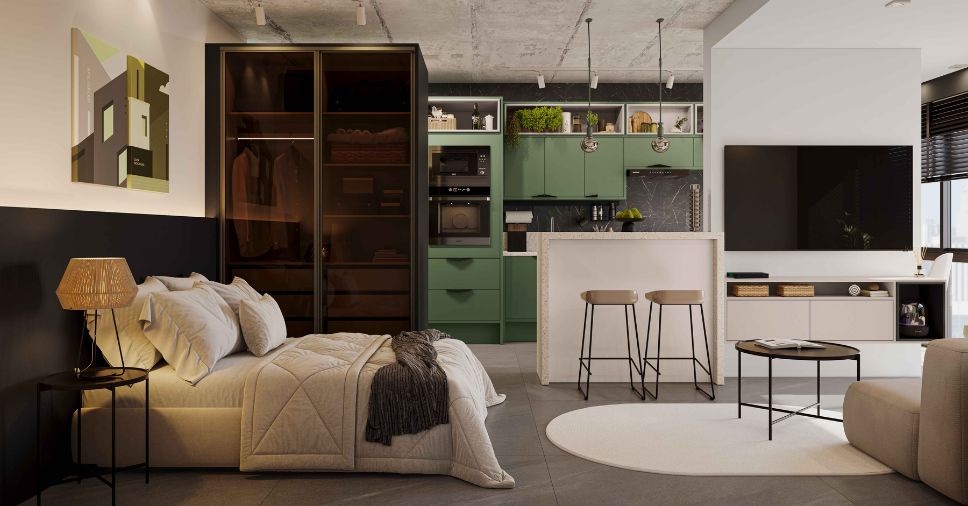 Quarto com móveis para espaços pequenos.