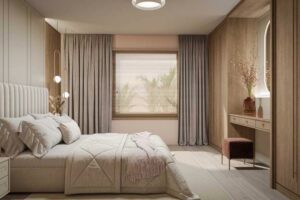 Quarto que garante conforto com móveis planejados.